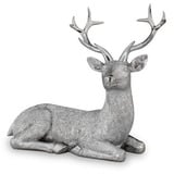 Kleine liegende Kunststein Deko Hirsch Figur - silbern glänzende Jagdfigur mit Geweih - Silberglanz Weihnachts-Deko zum Hinstellen Höhe 17 cm