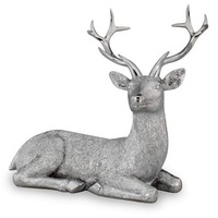 Kleine liegende Kunststein Deko Hirsch Figur - silbern glänzende Jagtfigur mit Geweih - Silberglanz Weihnachts-Deko zum Hinstellen Höhe 17 cm
