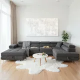 sofiland Ecksofa Aller U XXL-Ecksofa mit Schlaffunktion und Zwei Bettkästen in Grau, rechte Seite (Dunkelgrau)