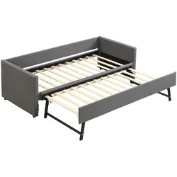 Merax Tagesbett, Doppelbett, Doppelbett mit klappbaren und hochklappbaren Metallbeinen, schlicht und stilvoll, 90*200 cm, Leinen, Grau