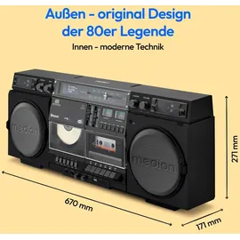 Medion P66538 Kassettenrecorder (Retro Ghettoblaster mit CD-Player, 80er, groß, USB, SD, CD, Kassetten MC, DAB+ Radio Teleskopantenne, Bluetooth, Kassettendeck, Aufnahmefunktion