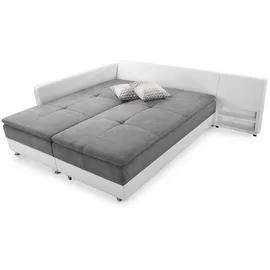 luma-home Ecksofa-Dauerschläfer Doppelbett Federkern Bettkasten Couch in Hellgrau Weiß / 15104