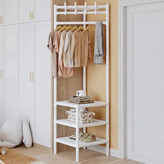 Eckgarderobe, 2/3 Etagen, Eck-Flurbaum, Metall, Eingangsgarderobe, freistehend, Kleiderständer, Schuhregal, Organizer für Schlafzimmer, Wohnzimmer und Zuhause (A, 3 Ebenen)