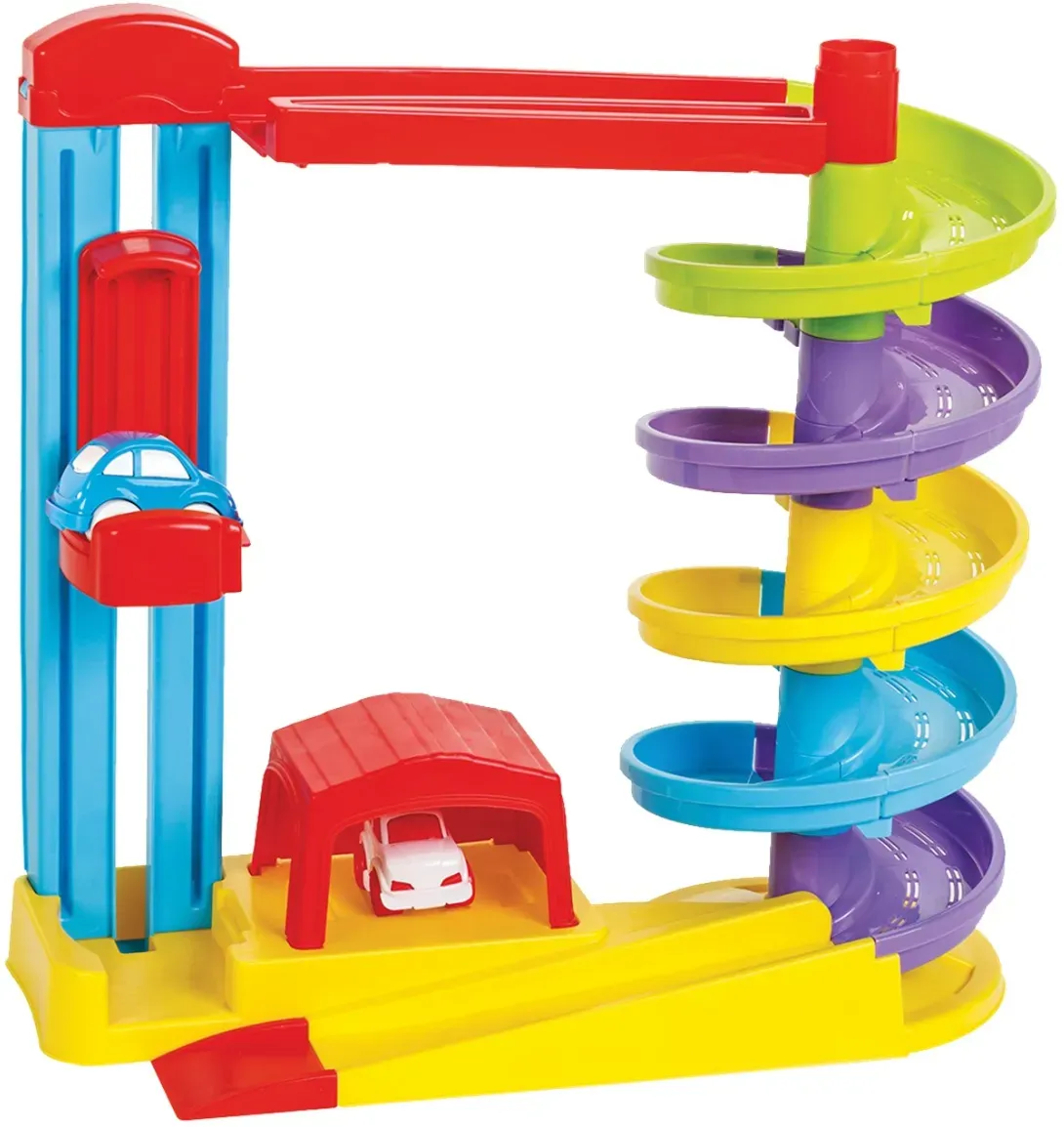 Autobahn Spielset inkl. 2x Mini Autos, Aufzug und Garage, Autospielset für Kinder ab 3 Jahren