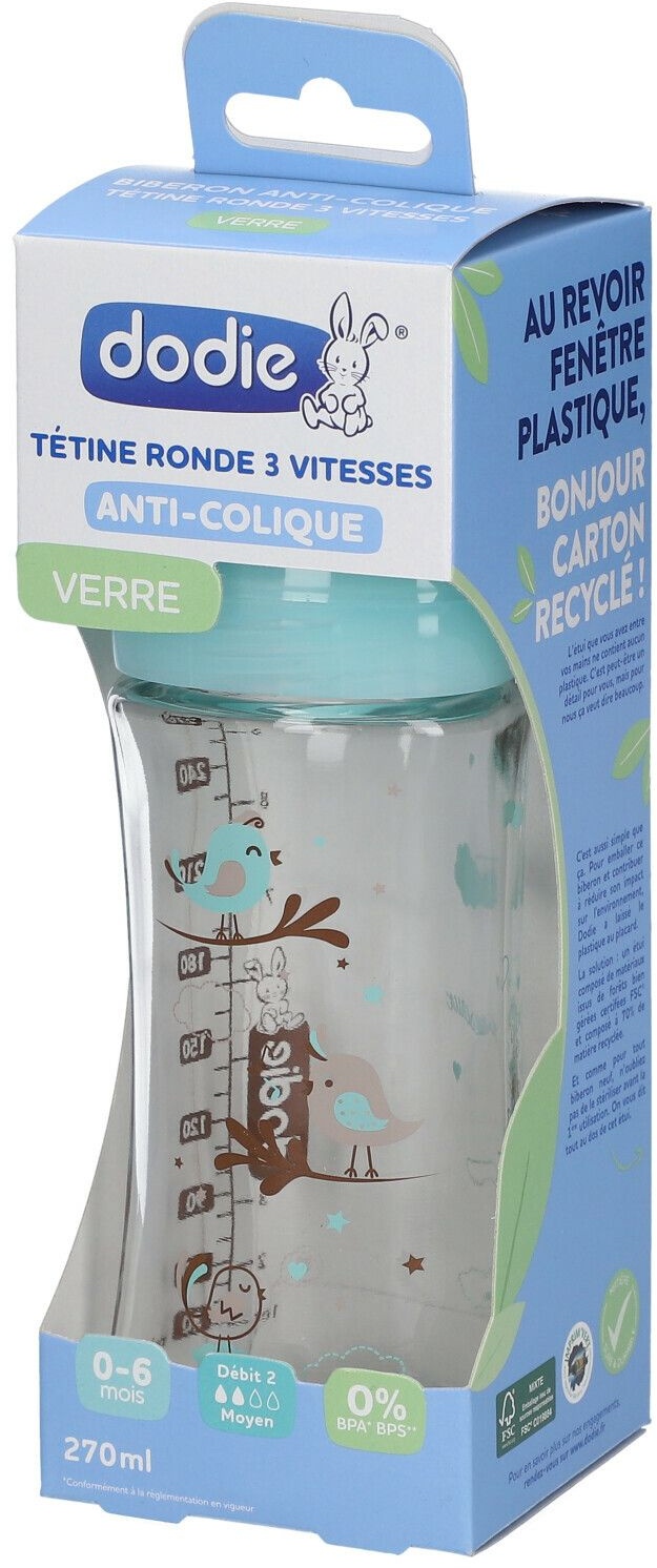 dodie® Biberon Initiation+ verre 270 ml anti-colique tétine ronde 3 vitesses Oiseaux 0-6 mois 1 pc(s) Bouteilles