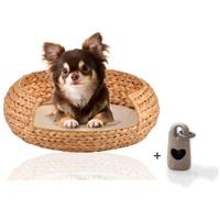 Rohrschneider Hundekorb runder Hundekorb aus geflochtener Wasserhyazinthe, Hundebett, herausnehmbares Kissen, gemütliches Sofa für kleine und große Hunde beige 42 cm x 42 cm