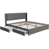 Merax Flieks Polsterbett 180x200cm Doppelbett mit Lattenrost und 2 Schubladen, Stauraumbett Holzbett Funktionsbett Samt, ohne Matratze, Grau - Grau