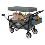 Hauki Bollerwagen faltbar mit Dach, Handwagen klappbar für Kinder, Strand, Picknick, Camping, Transportwagen XXL Blau-Grau, Gerätewagen mit Tasche - Grau