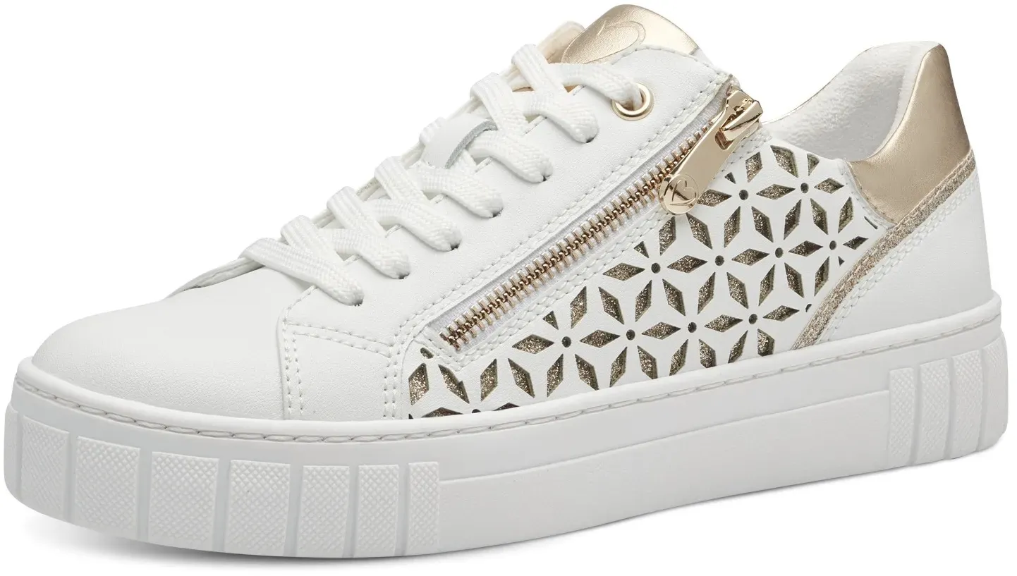 Plateausneaker MARCO TOZZI, Damen, Gr. 36, gold (weiß, goldfarben), Lederimitat, gemustert, kontrastfarbene Details, Schuhe Plateausneaker, Freizeitschuh, Halbschuh, Schnürschuh mit unterlegtem Lochmuster