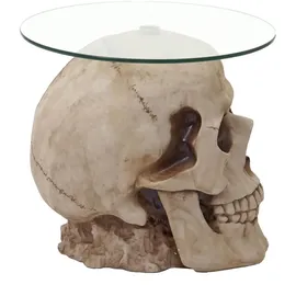 MCW Beistelltisch, Totenkopf MCW-A19, Glastisch Wohnzimmertisch Couchtisch Totenschädel, Polyresin rund Ø55cm natur