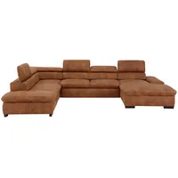 Wohnlandschaft HOME AFFAIRE "Alberto U-Form" Sofas Gr. B/H/T: 350cm x 73cm x 228cm, Luxus-Microfaser Vintageoptik, Recamiere rechts, mit Bettfunktion, braun (cognac) mit Kopfteilverstellung, wahlweise Bettfunktion