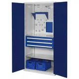 Werkstattschrank,HxBxT 1950x1000x600mm,2xStahlboden,3 Schublade(n),Zyl.-Schl.,Sockel,Korpus RAL7035,Front RAL5010