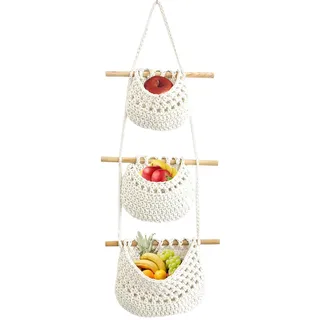 Sysdisen Obstkorb Hängend, Hängekorb, 3 Stöckiger Obstkorb Wand, Hängekorb Küche, Obst Aufbewahrung, Wandkorb, Handgefertigt Korb Hängender Küche Boho Hängekörbe