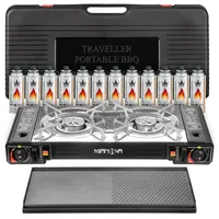 Mianova Gaskocher Camping Doppelgaskocher 2 flammig Grillplatte Koffer Piezozündung, (Mobiler Gaskocher 2-Flammig Outdoor Camping Festival Grill Kocher mit Grillplatte) schwarz Kocher + 12 Kartuschen