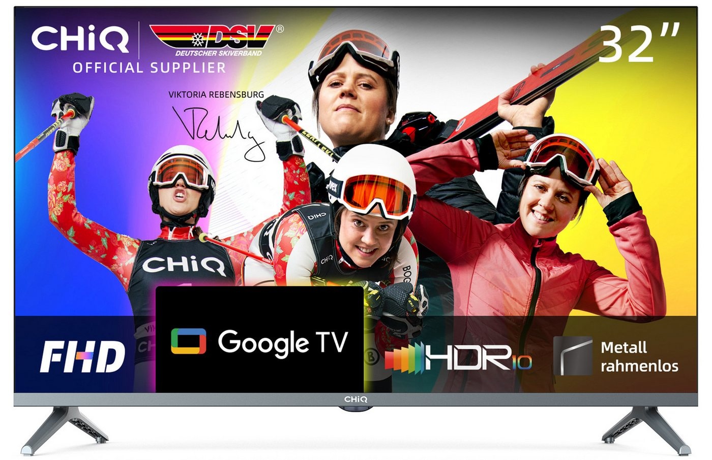 CHiQ L32H8CG LED-Fernseher (81,00 cm/32 Zoll, Full HD, Google TV, Smart-TV, Metall rahmen,WiFi,Google Assistant,Triple Tuner(DVB-T2/T/C/S2) grau