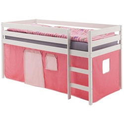 IDIMEX Hochbett ERIK Hochbett Spielbett Kinderbett Kiefer massiv weiss Vorhang pink/rosa 90 weiß