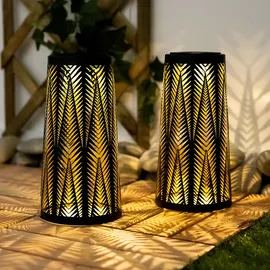 ETC Shop Solarlampe Tisch aussen Solarlicht Tisch für Außen Solar Laterne Balkon schwarz, Säule mit Lichteffekt, goldenes Innere,1x LED warmweiß, H 24,5 cm