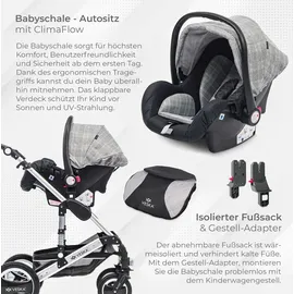 veska VESKA® 3 in 1 Kombi-Kinderwagen inkl. Babyschale, Buggy, Jogger mit Wickeltasche, Moskitonetz, Regencover, Spieltisch, Autoschale Fußsack, QuickFold, Aluminiumrahmen Silber - anthrazit/anthrazit
