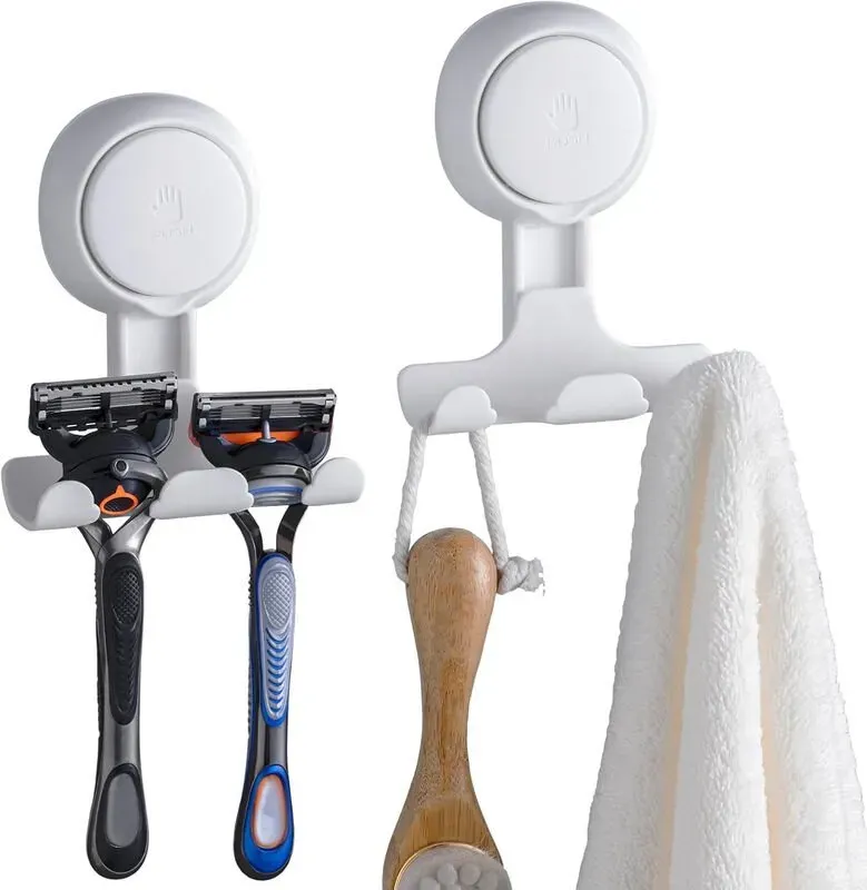 TAILI Saugnapf-Rasiererhalter in der Dusche, 2er-Pack, Handtuch-, Schwamm-, Rasiererhalter für die Badezimmerwand, leistungsstarke Saugnapf-Duschhaken, einfach zu installieren und wiederzuverwenden, Weiß