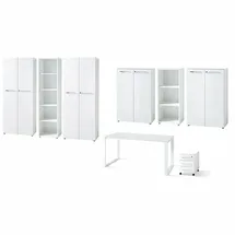 KADIMA DESIGN Büro-Set 8-tlg Komplettbüro MUENCHEN Weiß Schreibtisch, 6 Schränke, Container Glasfront Soft-Close Abschließbar Made in Germany Kadima Design