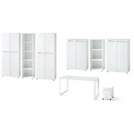 KADIMA DESIGN Büro-Set 8-tlg Komplettbüro MUENCHEN Weiß Schreibtisch, 6 Schränke, Container Glasfront Soft-Close Abschließbar Made in Germany Kadima Design