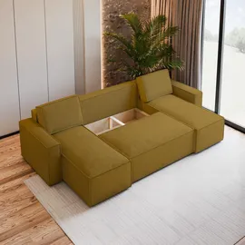 masseno WOHNLANDSCHAFT PESANO M Gelb Velours-Stoff mit Schlaffunktion