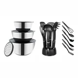 BEM Edelstahl Schüssel Set mit Deckel und Reibe 1,8L 3,4L 5,5L und Küchenhelfer Set 6-tlg.