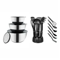 BEM Edelstahl Schüssel Set mit Deckel und Reibe 1,8L 3,4L 5,5L und Küchenhelfer Set 6-tlg.