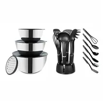 BEM Edelstahl Schüssel Set mit Deckel und Reibe 1,8L 3,4L 5,5L und Küchenhelfer Set 6-tlg.