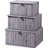 Honygebia Aufbewahrungsbox mit Deckel Grau – Bambus Deko Aufbewahrungskorb, 3er Set Rattan Korb mit Deckel Gewebtem Stoffeinsatz für Badezimmer Küche Regal Organisation (Grosz/Mittel/Klein)