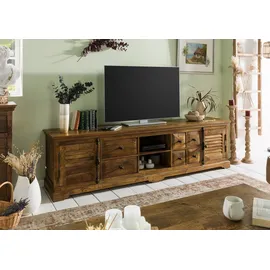 Massivmoebel24 Rodez TV-Lowboard 220x45x60 cm Dunkelbraun Geölt Holz, Metall, Massivholz