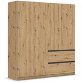 Rauch Möbel Drehtürenschrank Kleiderschrank, 4-türig, 2 Schubkästen, Eiche Artisan, Holz, Push-to-Open Griffprofil grau-metallic, 181x197x54 cm