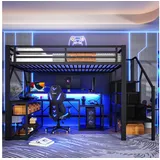 Odikalo Hochbett Kinderbett Jugendbett 90x200 140x200 mit Schreibtisch, LED (Metallbett, Eisenrahmen, Ablagefach, Treppenkonstruktionen mit Stauraum, Sicherheitsgeländer, mit LED-Lichtleiste, Schreibtisch, mit USB-Anschluss, ohne Matratze, Schwarz / Weiß) 140 cm x 200 cm