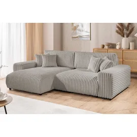 s-style möbel Mollis - Ecksofa mit Schlaffunktion und Bettkasten aus Hellgrau Plüschcord mit schöner Sitzkomfort