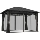 Outsunny Pavillon 4x3 m Wasserdicht Stabil Winterfest Gartenpavillon mit Seitenteile, Wasserrinnen, Moskitonetz, Haken Garten-Pavillon aus