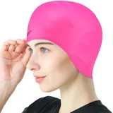 LEDEAK Badekappe mit 3D Ohrschutz, rutschfeste wasserdichte Silikon Schwimmkappe, Unisex Bademütze Erwachsene Swimming Cap für Kurzes/Langes Haar (Rosa)