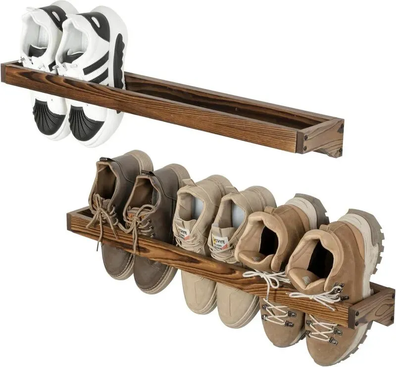 MyGift Schuhregal 30 Zoll aus massivem Holz in rustikaler, gebrannter Optik, zum Aufhängen und zur Wandmontage, Schuhregal, Schuhablage, Schuhhalter für Schrank, Schuhablage, Eingangsbereich, fasst 6 Paar, 2er-Set