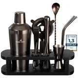 BARMINGO® Edelstahl Cocktail Set 11tlg. – 700 ml Cocktail Shaker Set mit Ständer und Bar Zubehör, Cocktailshaker Set | Barkeeper Set | Cocktail Mix Set | Bar Set | Geschenkset | Schwarz