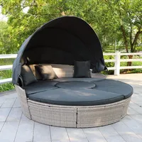 Enjoy Fit Poly Rattan Sonneninsel mit faltbarem Sonnendach Ø 180 cm inkl. Auflagen Kissen Abdeckung Lounge Sonnenliege Gartenmuschel mit Regencover/Farbe: Hell Grau