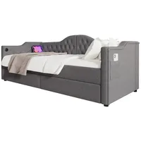BlingBin Einzelbett Polsterbett Stauraumbett Tagesbett 90×190/200cm (1-tlg., Linen Schlafsofa Daybett mit 2 Schubladen), USB Type C Ladefunktion, 90x190cm grau 99 cm x 205 cm x 86.5 cm