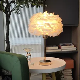 kuop Nachttisch lampe Moderne Tischleuchte E27 Schlaflicht Kinder Nachtlicht Warmweiß Federlampe Künstliche Federn Flauschige Dekolampe für Schlafzimmer Wohnzimmer Room Decor, 30cm x 38cm