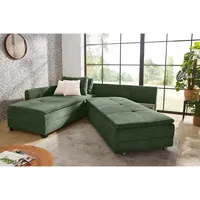 luma-home Federkern Ecksofa Doppelbett Dauerschläfer Bettkasten, Regal Couch in Cord Grün & Grün