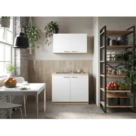 Respekta Merle Miniküche mit integrierter Mikrowelle und Edelstahlspüle, 100 cm, weiß