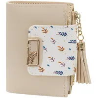 AfitLulu Geldbörse Damen Mit 5 Kreditkartenfächern und ID-Fenster, Brieftasche Damen PU-Leder Kleines Portemonnaie Damen Kurz Geldbeutel Damen mit Quaste Anhänger und Münztasche (Beige)