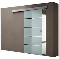 doporro Glasschiebetür Komplettset Softclose 102,5 x 205 cm | 15mm Wandabstand | Schiebetür mit ESG-Sicherheitsglas | Zimmertür Glas mit 5-Milchglas-Streifen mit Muschelgriff | Amalfi-Plus 11
