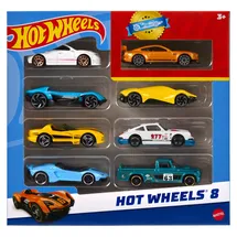 Hot Wheels Set mit 8 Basic-Spielzeugautos und Trucks im Maßstab 1:64, inklusive 1 exklusivem Fahrzeug (Verschiedene Modelle, zufälliges Set), HPV78