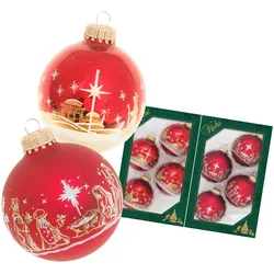 Krebs Glas Lauscha Weihnachtsrot glanz/Satin-Rot, 7cm Glaskugelset Banddekor Heilige Nacht 2-fach