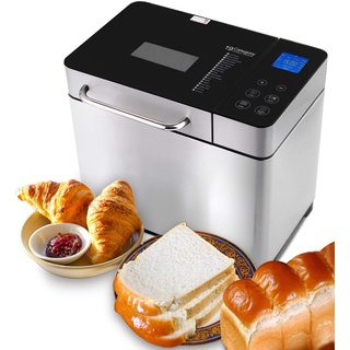 Brotbackautomat 710W Backmeister mit Automatische Zutatenbox, 19 Programme, Edelstahl Bread Maker Vollautomatische mit 15 Stunden Timing-Funktion, Sichtfenster Silber