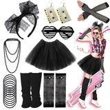 Ronilp 80er Jahre Damen Kostüm Accessoires Set mit Tutu-Rock, Beinwärmer, Halskette, Armbänder, Netzhandschuhe, Spitzenhandschuhe, Schleifenband, Ohrringe