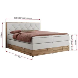 MKS Meble King Boxspringbett 140x200 mit Bettkasten Eiche, Polsterbett 140x200 mit Matratze H3, Bett 140x200 mit Kopfteil, Bett mit Holzrahmen in W... - Weiß